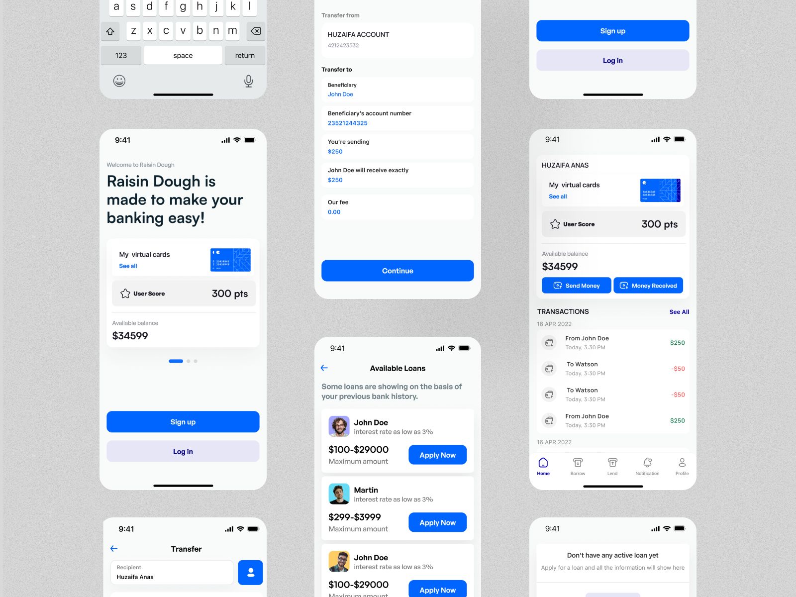Raisin Dough Banking App — Consumer fintech app — transfers, cards, loans, 40+ screens, by Nixce Tech